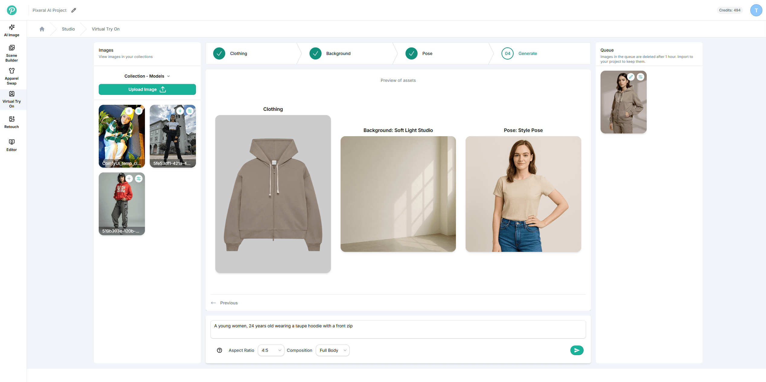 Pixeral Studio interface showcasing AI product photography tools